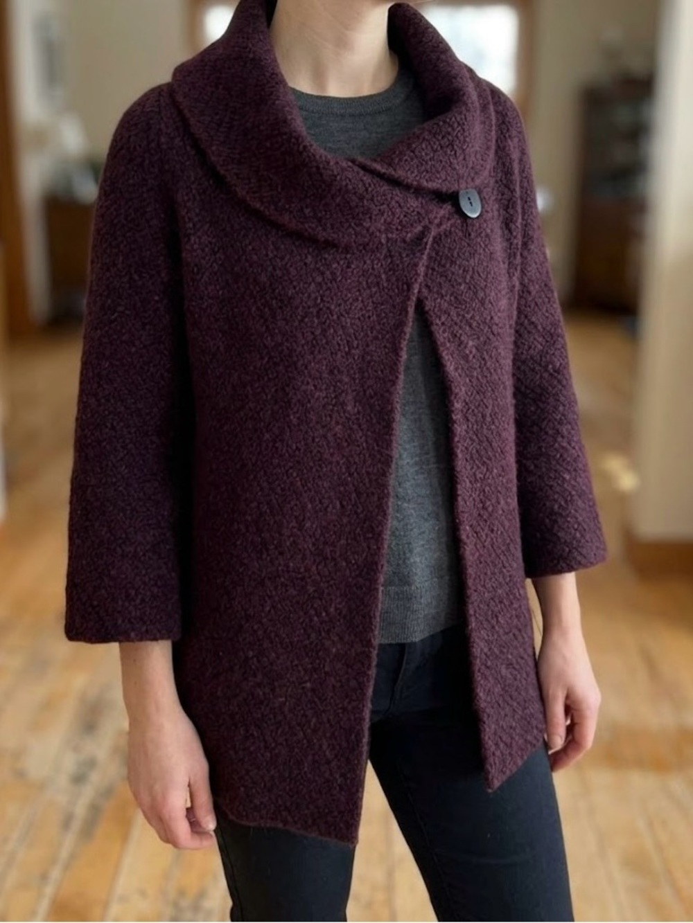 Max Studio Burgundy Textured Funnel Neck Asymmetric Button Jacket Cozy Relaxed